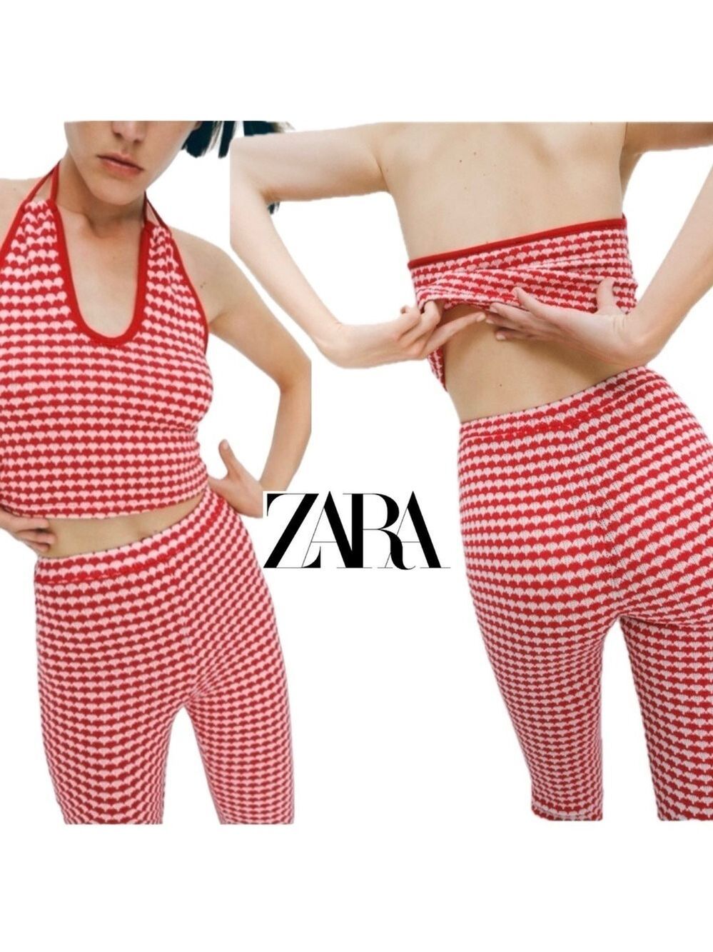 Zara red white knit cropped peep hole halter top flare pants set NWOT stretchy🔥